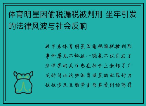 体育明星因偷税漏税被判刑 坐牢引发的法律风波与社会反响